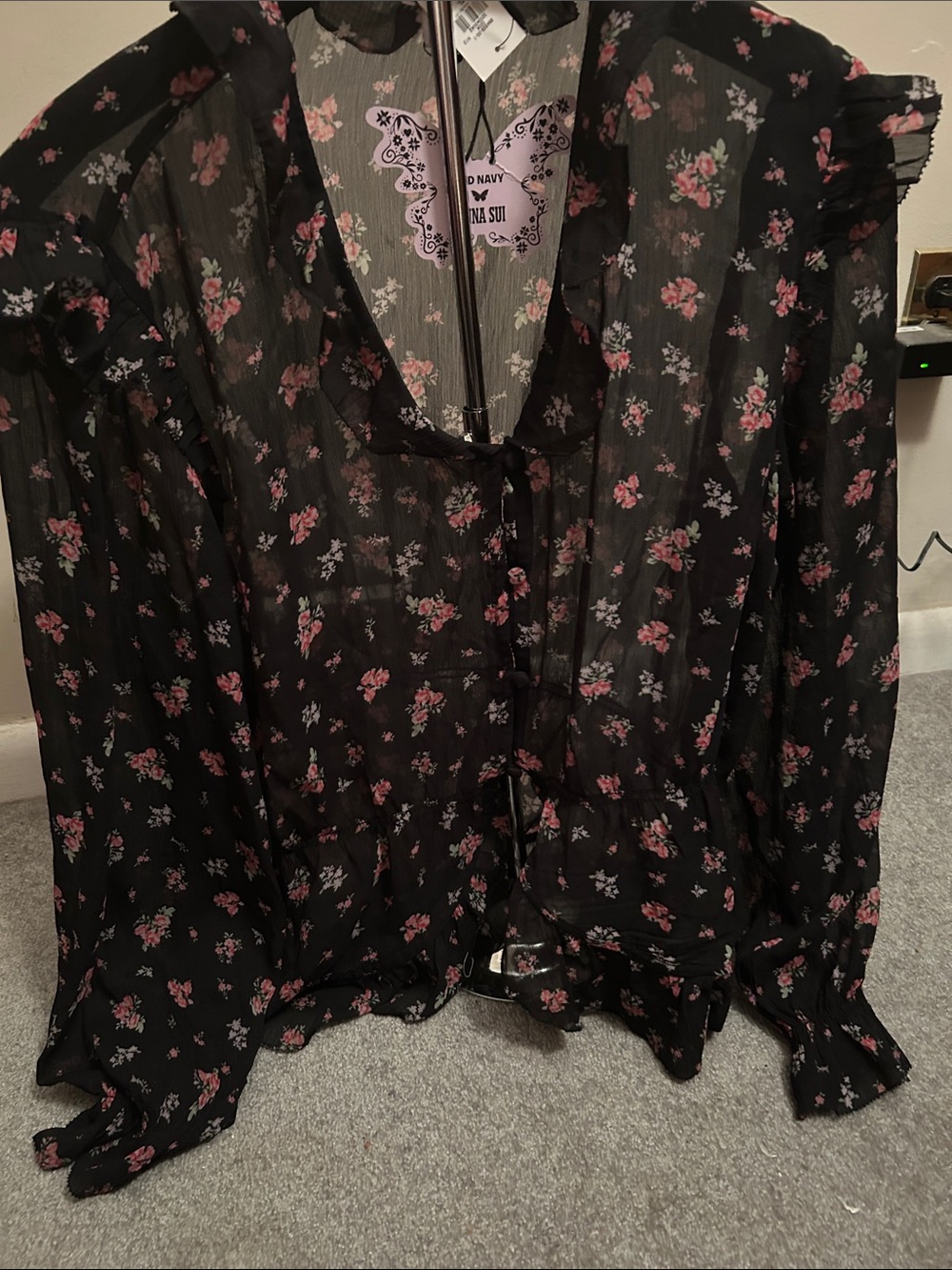Old Navy Black Sheer Floral Tie-Front Blouse